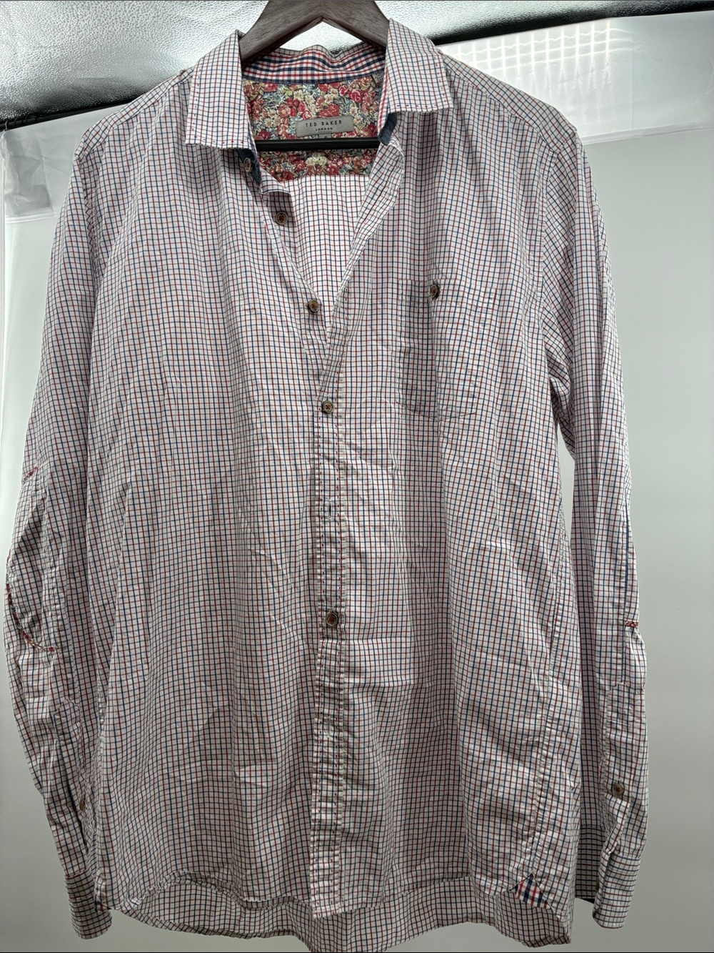 Ted Baker Men's White, Blue & Red Micro-Check Long-Sleeve Button Shirt